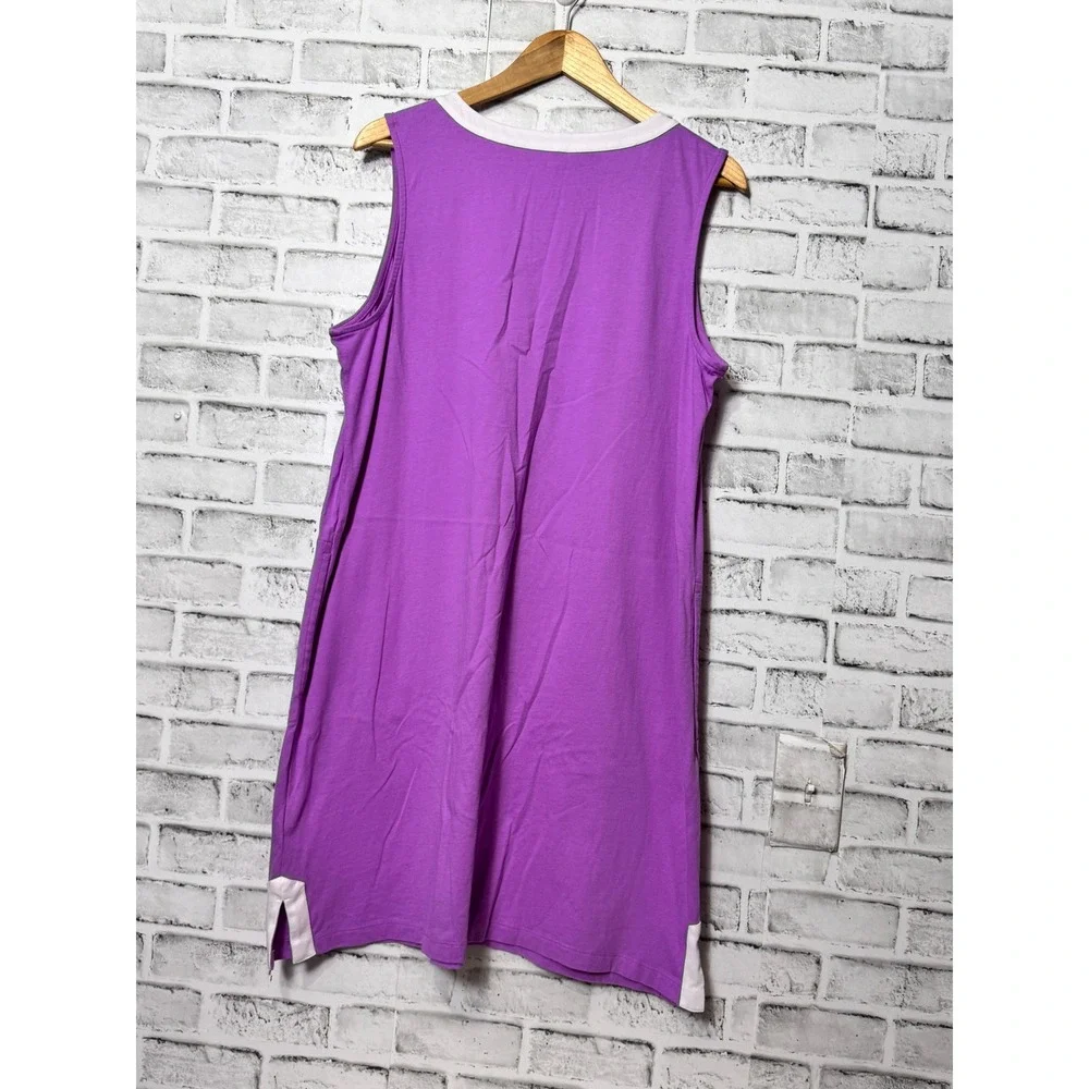 Lands End Women Purple Cotton Soutache Split Neck Sleeveless Shift Dress L 14-16